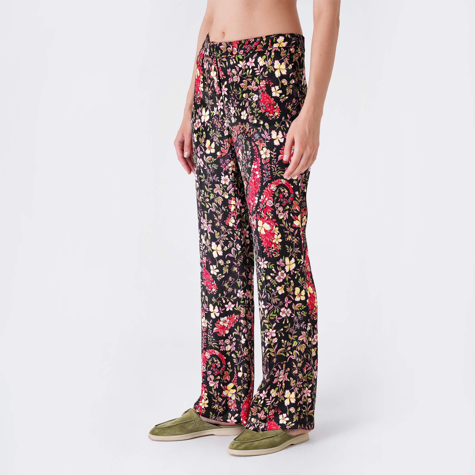 Etro - Black&Multicolor Floral Print Silk Pants